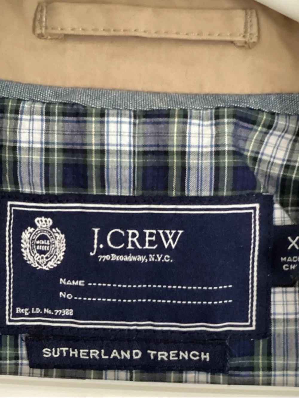 J. Crew Men’s Khaki Trench Coat with Plaid Lining